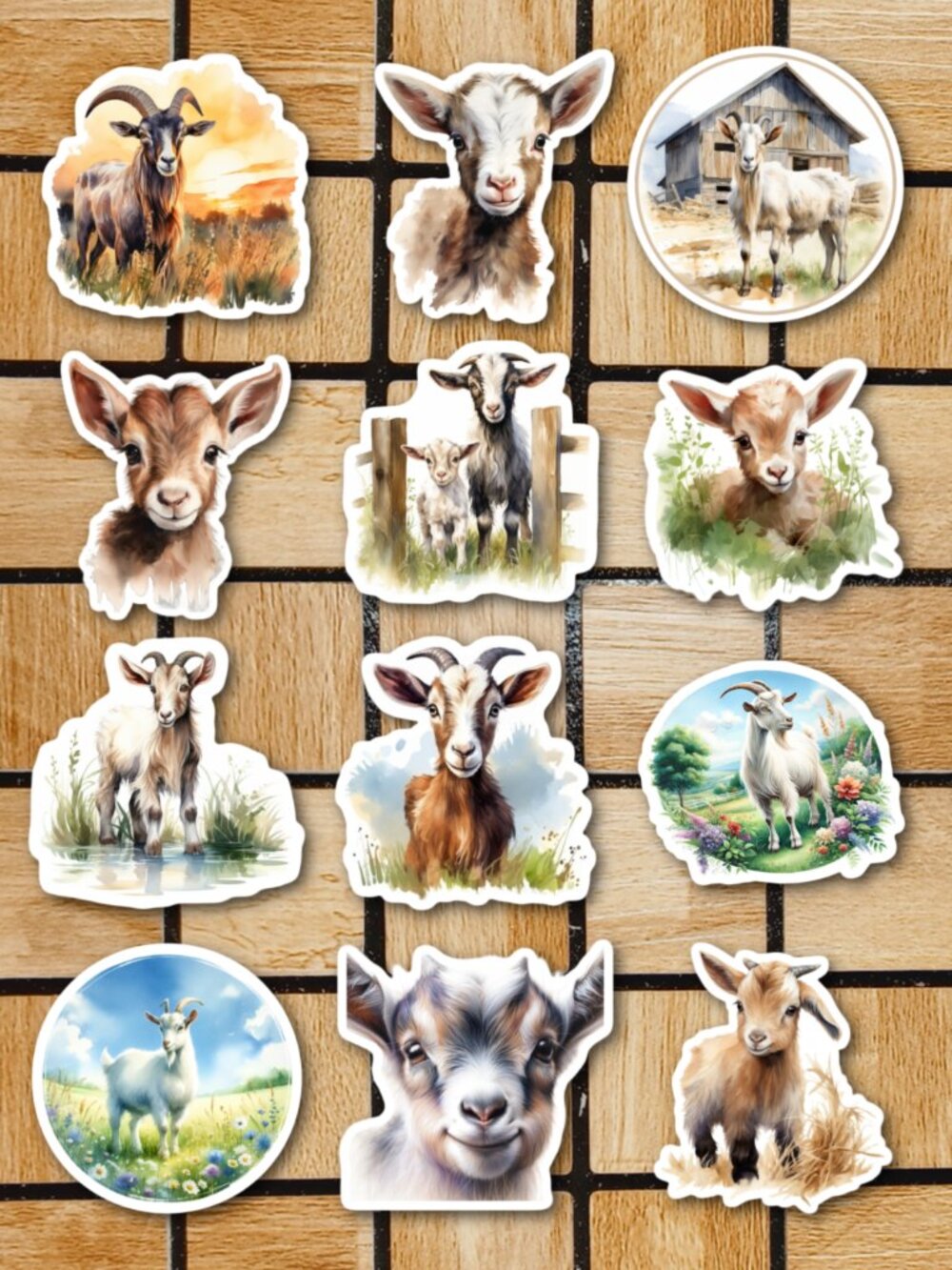 Watercolor Goat Sticker Pack of 12 Vinyl Stickers Waterproof Die Cut Sticker Set